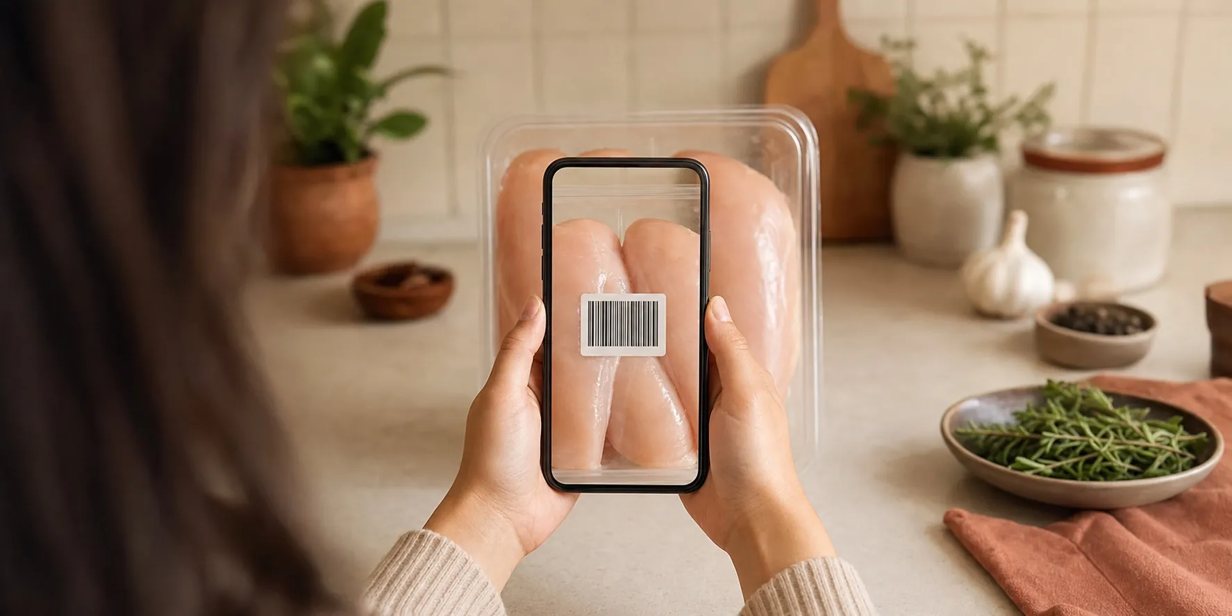 The Talorie barcode scanner aimed at the barcode on a package
